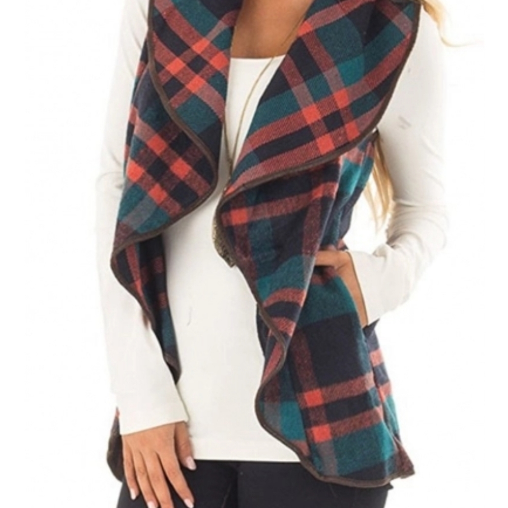 Waterfall front plaid vest